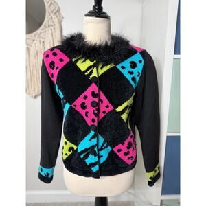 Vintage 80s Maximalist Patchwork Black Neon Beaded Faux Fur Cardigan Sweater M P